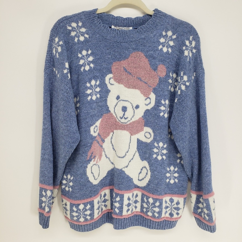 Vintage 90s Private Eyes Teddy Bear Snowflake Sweater Womens Medium Blue Knit